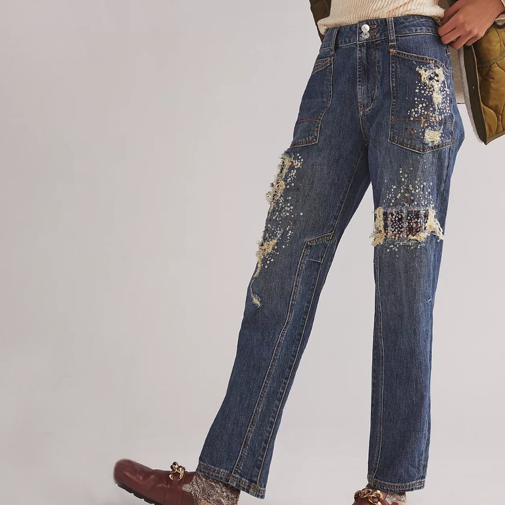 Anthropologie Blue Denim Straight-Leg Jeans with Sequin Embellishment